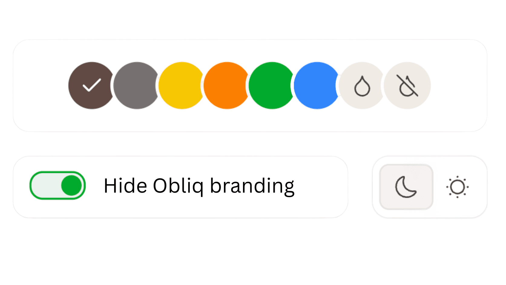 Appearance settings with accent colour swatches, a Hide Obliq branding switch and a light and dark mode toggle